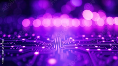 Illuminated circuit board glowing in purple with a futuristic effect, representing technology and innovation.