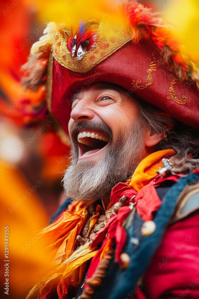 A jovial, mature man with a full beard laughs heartily, adorned in a vibrant red pirate hat and colorful costume. A jovial, mature man with a full beard laughs heartily, adorned in a vibrant red pirate hat and colorful costume.