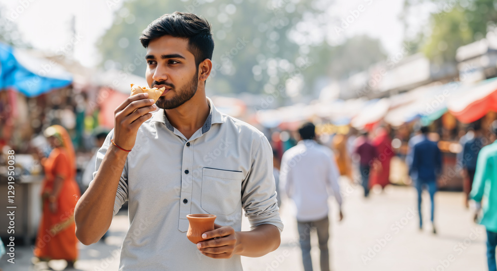 Fototapeta premium Young man enjoying traditional indian street food and drink at a bustling outdoor marketplace