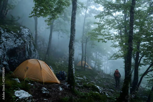 High-quality photo of a camping tent set up in the middle of a lush forest. Surrounded by trees, creating a peaceful and natural camping environment.