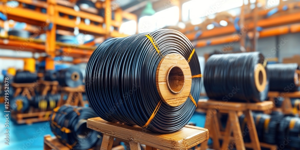 Obraz premium Close-up image of a single-mode black fiber optic cable on a large reel, illustrating fiber optic cable storage.