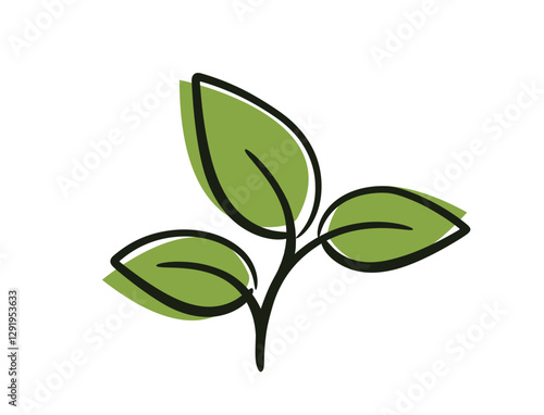 Curved plant sprout with three leaves. Spring, planting and nature design element. Isolated vector image