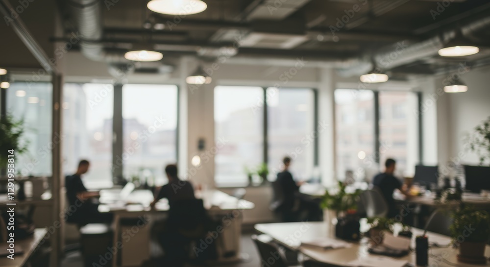 Blurred atmosphere within a modern office filled with muted sunlight and activity Blurred atmosphere within a modern office filled with muted sunlight and activity