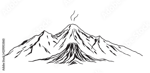 Stylized black and white illustration of a volcano amidst mountain ranges, depicting nature's power