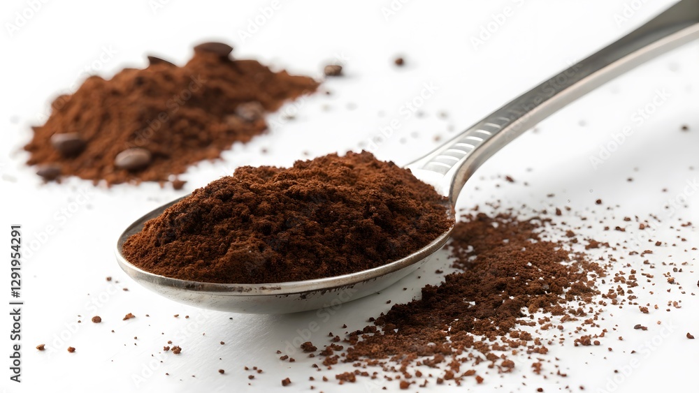 Spoonful of ground coffee with beans on white background, Closeup shot. Created with Ai Spoonful of ground coffee with beans on white background, Closeup shot. Created with Ai