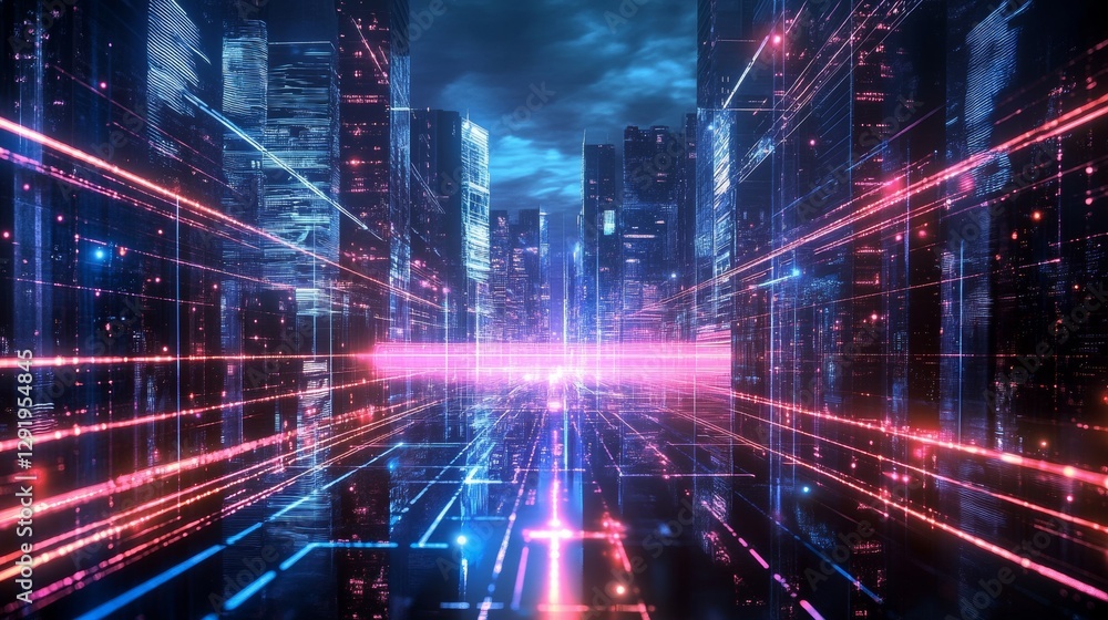 Glowing energy fence in a futuristic cityscape. Glowing energy fence in a futuristic cityscape.