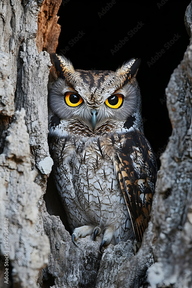 High-quality photo of a scops owl camouflaged on the bark of a tree. The owl blends seamlessly with the textured trunk, showing its natural camouflage and subtle details. High-quality photo of a scops owl camouflaged on the bark of a tree. The owl blends seamlessly with the textured trunk, showing its natural camouflage and subtle details.