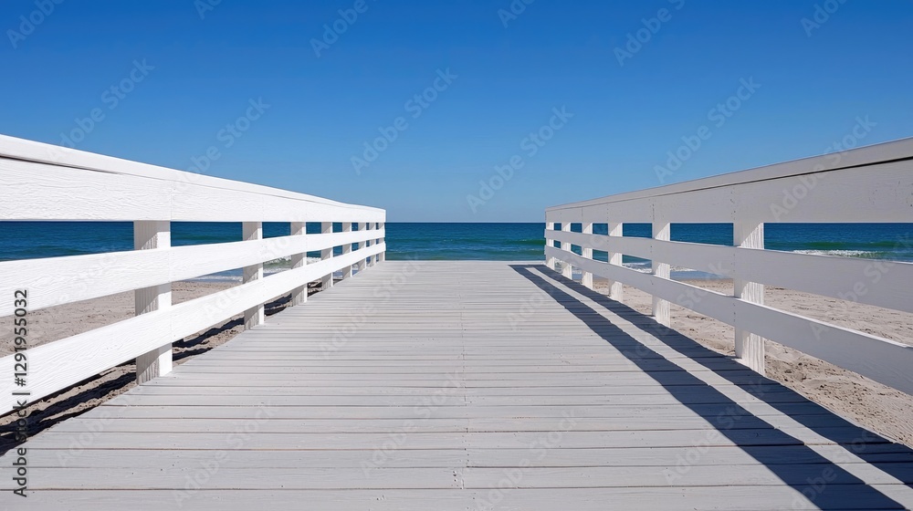 Fototapeta premium White boardwalk leads to ocean beach; sunny day