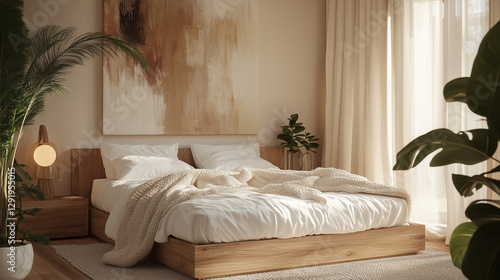 Wallpaper Mural Photograph of a cozy Scandinavian-style bedroom featuring a low wooden bed with white linen sheets and layered knit blankets. The room is decorated with warm ambient lighting, soft beige curtains. Torontodigital.ca