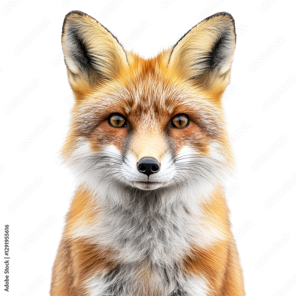 Fototapeta premium Vivid portrait of a fox with striking features against a white background, Fox isolated white background