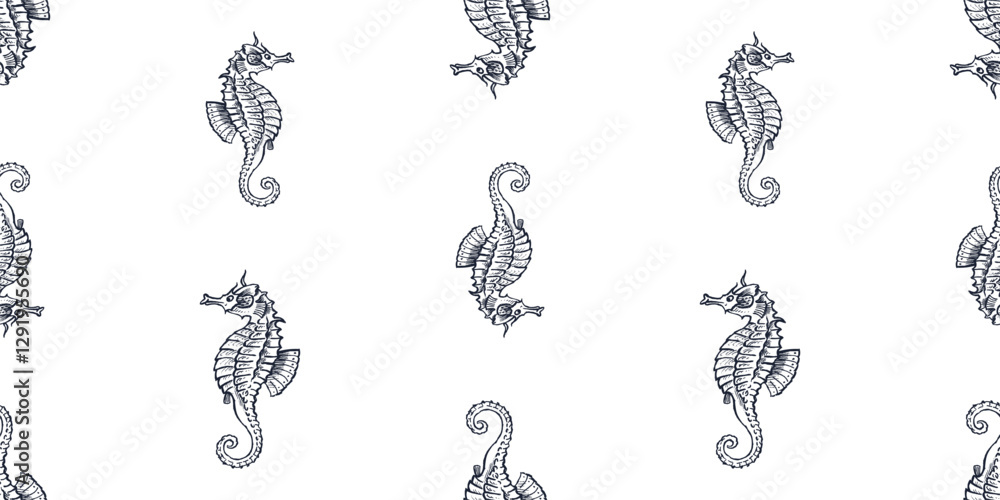 Fototapeta premium Seamless pattern of sketches cartoon seahorses, vector background, paper, fabric, textile