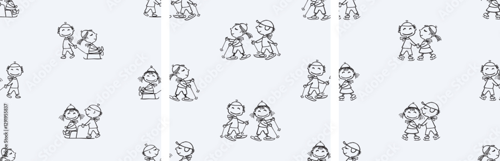 Seamless patterns of outlines cartoon cheerful kids strolling with sledges, skiing, skating, vector backgrounds, paper, wallpaper Seamless patterns of outlines cartoon cheerful kids strolling with sledges, skiing, skating, vector backgrounds, paper, wallpaper