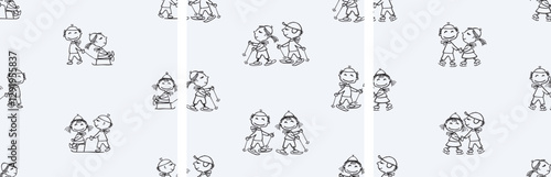 Seamless patterns of outlines cartoon cheerful kids strolling with sledges, skiing, skating, vector backgrounds, paper, wallpaper