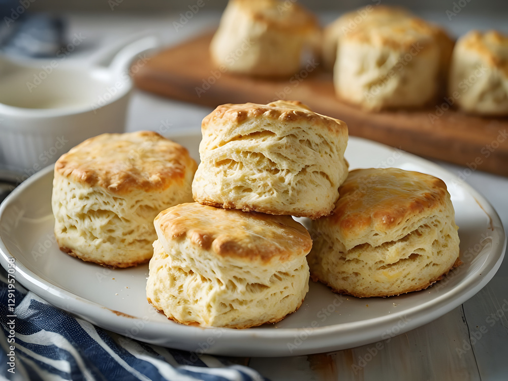 Homemade cookies on a plate, Golden-Brown Buttermilk Biscuits On White Ceramic Plate Homemade cookies on a plate, Golden-Brown Buttermilk Biscuits On White Ceramic Plate