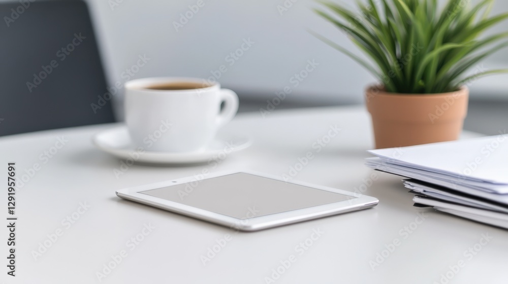 workplace with tablet, coffee, and plant