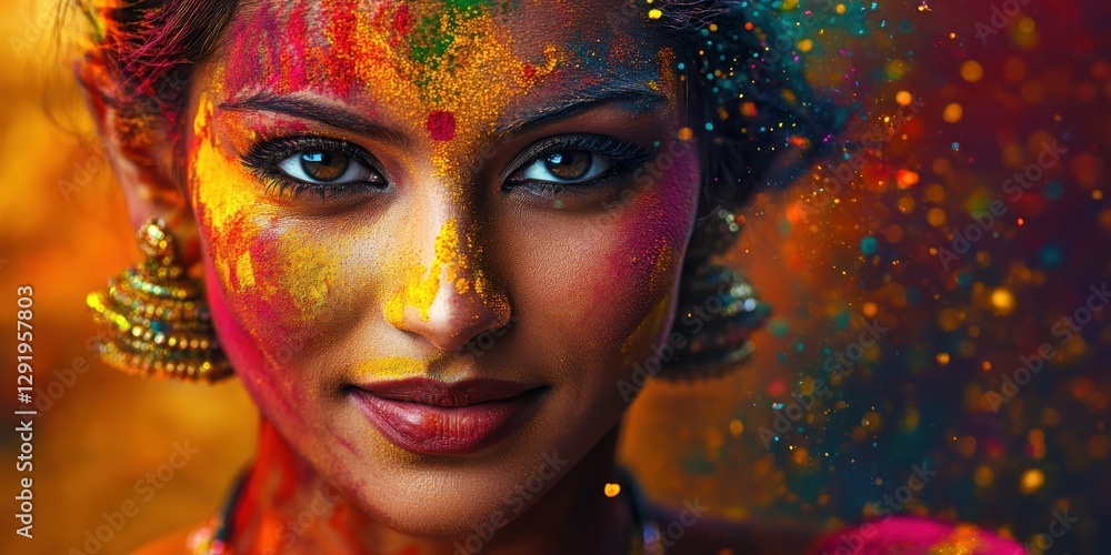 Naklejka premium Holi Festival Of Colours. Portrait of happy indian woman in holi color.