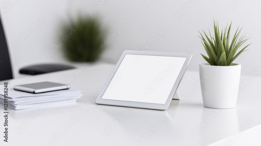 tablet and plant on a white desk
