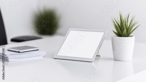 tablet and plant on a white desk