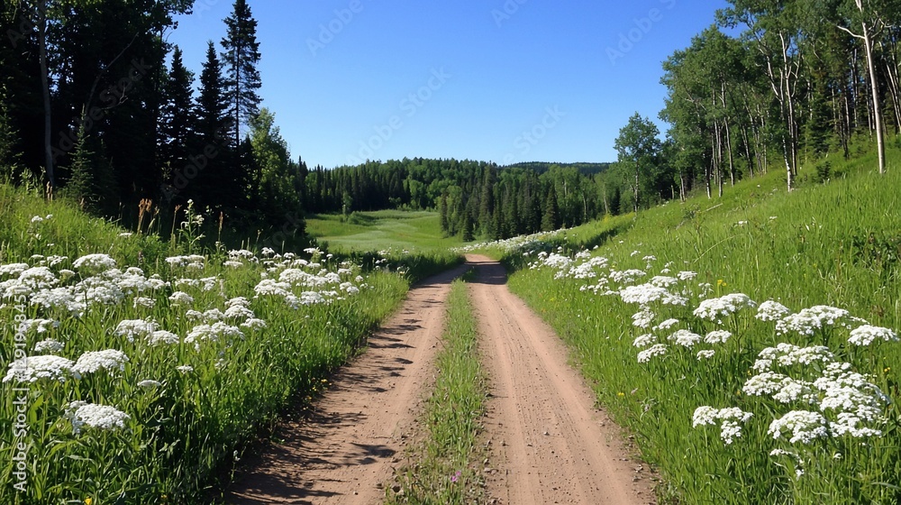 Scenic dirt road through lush green meadow and forest.