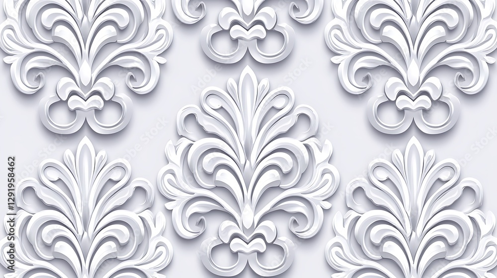 Ornate white damask pattern repeat for textile design, home decor, invitation, or wedding background Ornate white damask pattern repeat for textile design, home decor, invitation, or wedding background