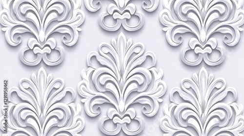 Ornate white damask pattern repeat for textile design, home decor, invitation, or wedding background