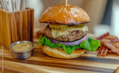  Classic American cheese burger topped with fresh salad, crispy bacon, and melted cheese, served on a toasted bun photo