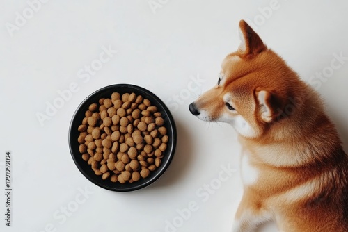 Top view of dry dog food in bowl and red Shiba inu dog looking and waiting to eat, on white background, flat lay