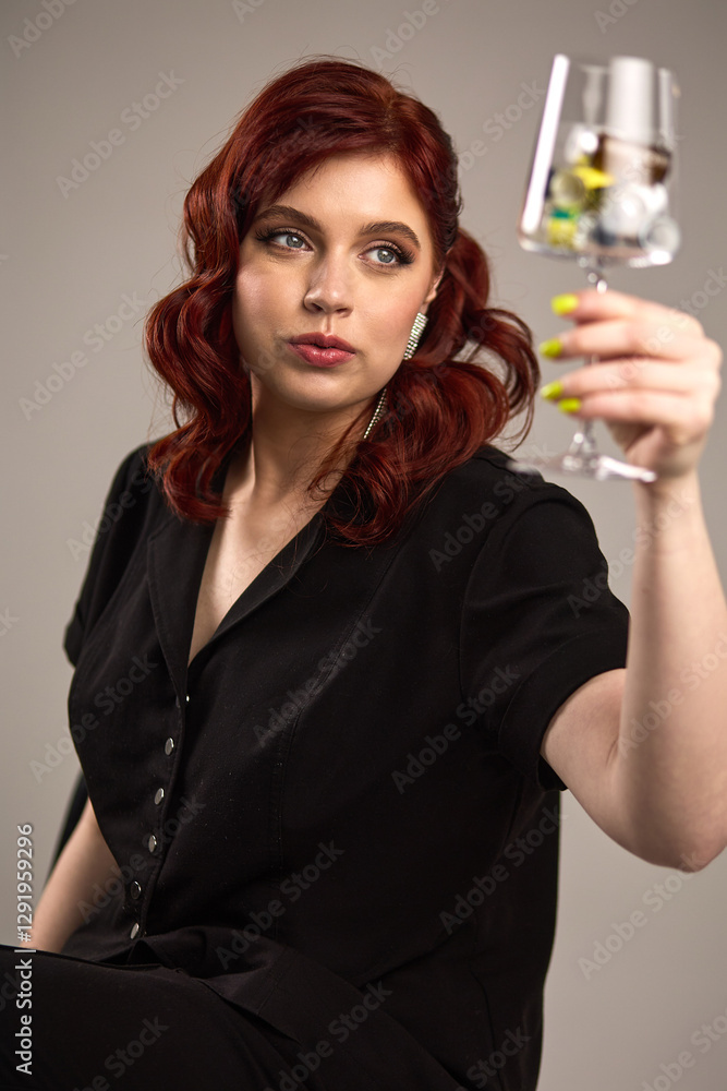 Elegant woman with red hair, holding stylish wine glass, focused gaze, wearing black outfit, showcasing nails, beauty portrait concept