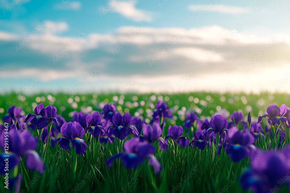 Naklejka premium Stunning purple irises bloom among fresh greenery under clear sky. Vivid colors and warm light highlight floral elegance, evoking joy and peaceful connection with nature.