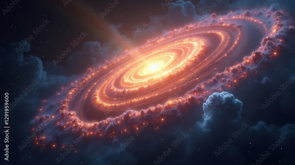 A radiant spiral galaxy colliding with a dwarf galaxy, streams of Magical Realism stellar material twisting into luminous tendrils, forming a breathtaking cosmic ballet. A radiant spiral galaxy colliding with a dwarf galaxy, streams of Magical Realism stellar material twisting into luminous tendrils, forming a breathtaking cosmic ballet.