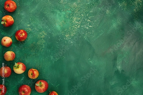 Red apples on green background, Top view with copy space, Ai Generated