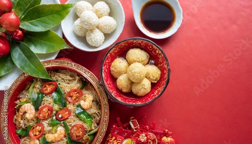 Wallpaper Mural Chinese New Year – Traditional Chinese New Year Holiday, Spring Festival Design, Red Background with Realistic Element Dishes, Chinese Holiday Food with Auspicious Meaning, Family Time, Top View Torontodigital.ca