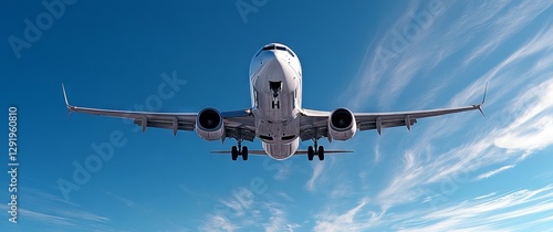 A large passenger jet flying through a blue sky with clouds