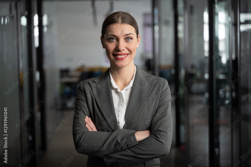 Confident businesswoman in a modern office, smiling with arms crossed, wearing a formal suit. Concept of leadership, professionalism, corporate success, and workplace confidence Confident businesswoman in a modern office, smiling with arms crossed, wearing a formal suit. Concept of leadership, professionalism, corporate success, and workplace confidence