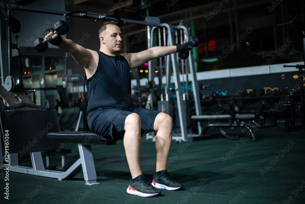 Man Lifting Weights During Evening Workout in Gym Man Lifting Weights During Evening Workout in Gym