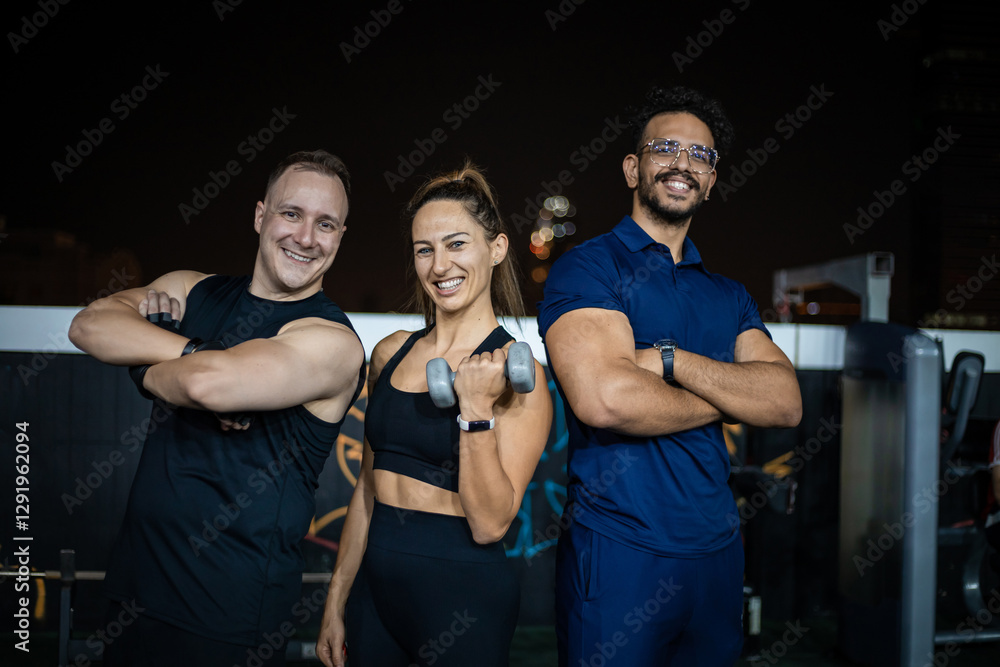 Smiling Fitness Group Posing For Photo During Nighttime Workout Smiling Fitness Group Posing For Photo During Nighttime Workout
