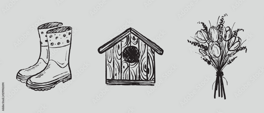 Fototapeta premium Protective rubber boots, wooden bird feeder, and bouquet of spring tulip flowers in black brush stroke texture isolated on white. Hand drawn vector sketch illustration in vintage charcoal ink