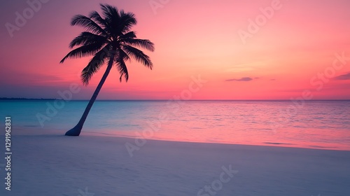 Palm tree leaning on white sand beach at sunset.  Ocean waves visible; use travel advertisement