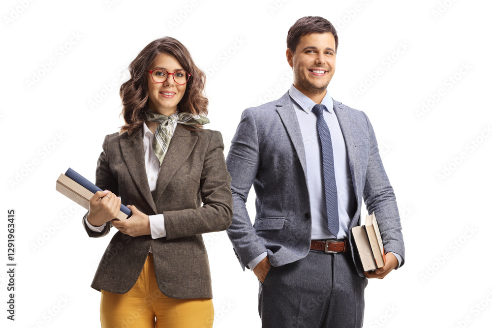 Male and female teacher standing and holding books Male and female teacher standing and holding books