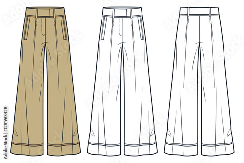 Wide-Leg Pants Technical Fashion Illustration. Classic Pants fashion flat technical drawing template, high waist, front and back view, white, beige, women, men, unisex CAD mockup set.