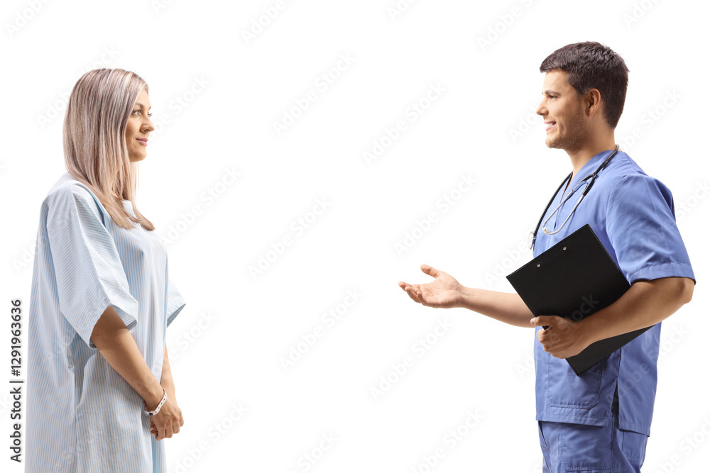 Male doctor and a woman in a patient gown having a conversation Male doctor and a woman in a patient gown having a conversation