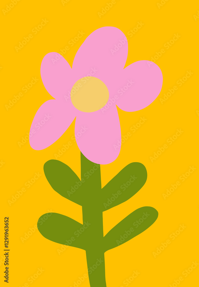 Bright flower against a vibrant background with leaf design in cutout style. Hand-drawn simple botanical illustration Bright flower against a vibrant background with leaf design in cutout style. Hand-drawn simple botanical illustration