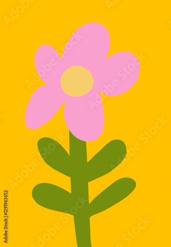 Bright flower against a vibrant background with leaf design in cutout style. Hand-drawn simple botanical illustration