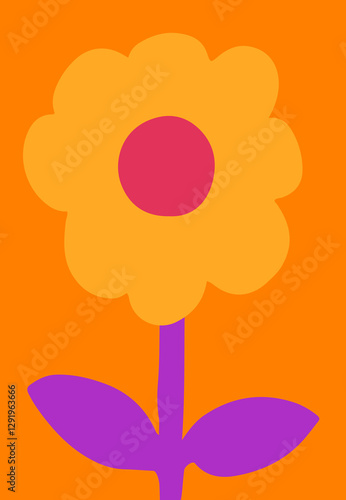 Bright flower against a vibrant background with leaf design in cutout style. Hand-drawn simple botanical illustration