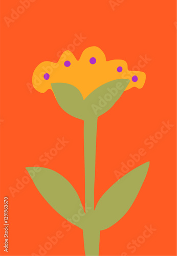 Bright flower against a vibrant background with leaf design in cutout style. Hand-drawn simple botanical illustration