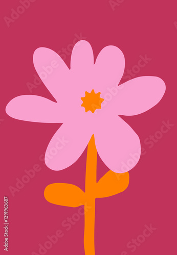 Bright flower against a vibrant background with leaf design in cutout style. Hand-drawn simple botanical illustration
