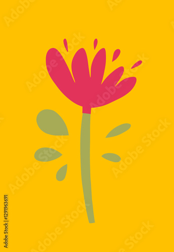 Bright flower against a vibrant background with leaf design in cutout style. Hand-drawn simple botanical illustration