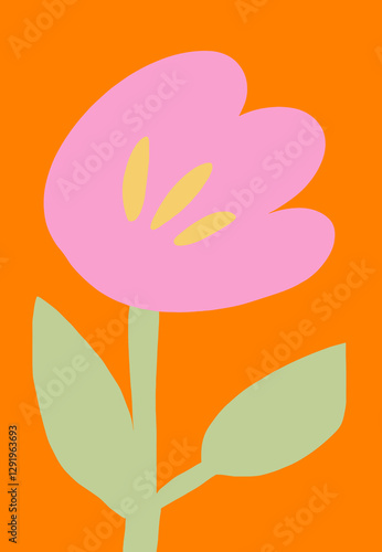 Bright flower against a vibrant background with leaf design in cutout style. Hand-drawn simple botanical illustration