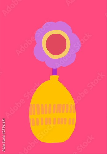 Bright flower against a vibrant background with leaf design in cutout style. Hand-drawn simple botanical illustration