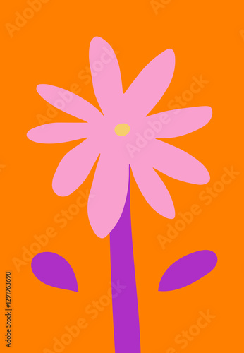 Bright flower against a vibrant background with leaf design in cutout style. Hand-drawn simple botanical illustration